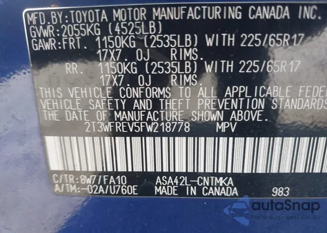 2015 Toyota Rav4 Xle from USA, damaged, VIN 2T3WFREV5FW218778
